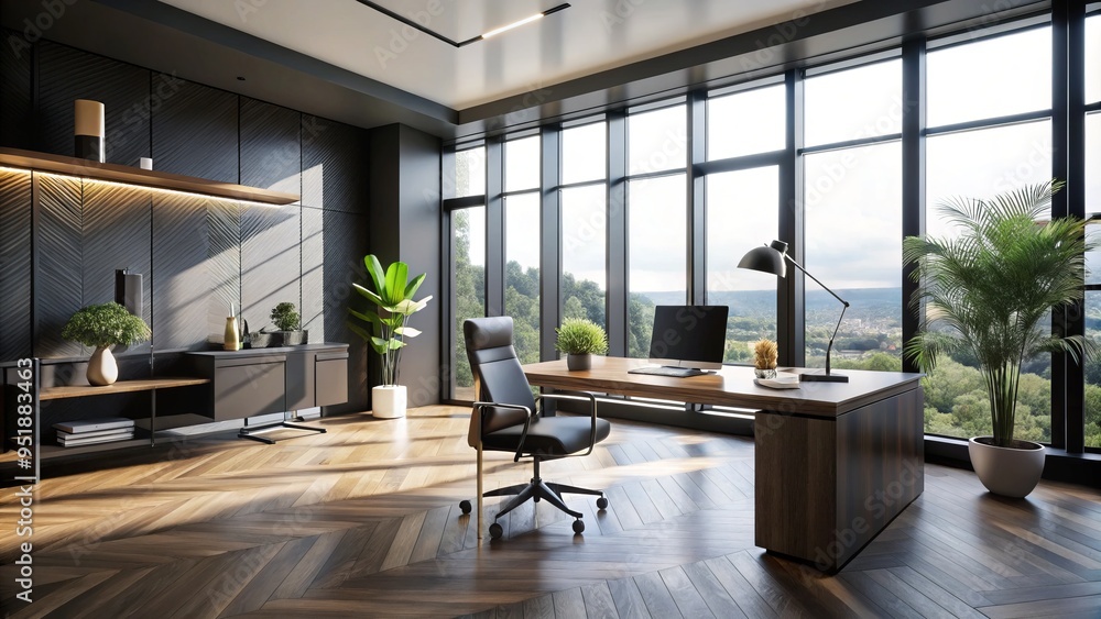 Fototapeta premium modern minimalist workspace wooden floor subtle natural light massive floor-to-ceiling windows sleek black furniture clean lines geometric shapes monochromatic color scheme