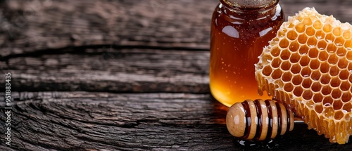  A bottle and comb of honey on a wooden table Honeybottle in the background, honeycomb in the foreground with a bee-placed piece nearby photo