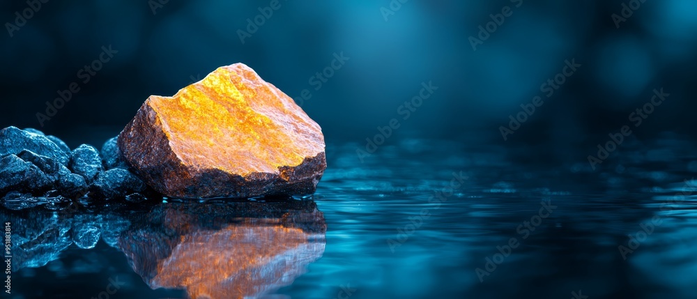 A rock perches atop the water's surface, adjacent to another rock crowned with a yellow deposit A rock perches atop the water's surface, adjacent to another rock crowned with a yellow deposit