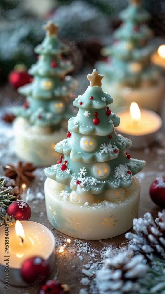 Delightful Christmas decorations featuring charming green trees and candles, perfect for adding festive cheer to any holiday setting. Delightful Christmas decorations featuring charming green trees and candles, perfect for adding festive cheer to any holiday setting.