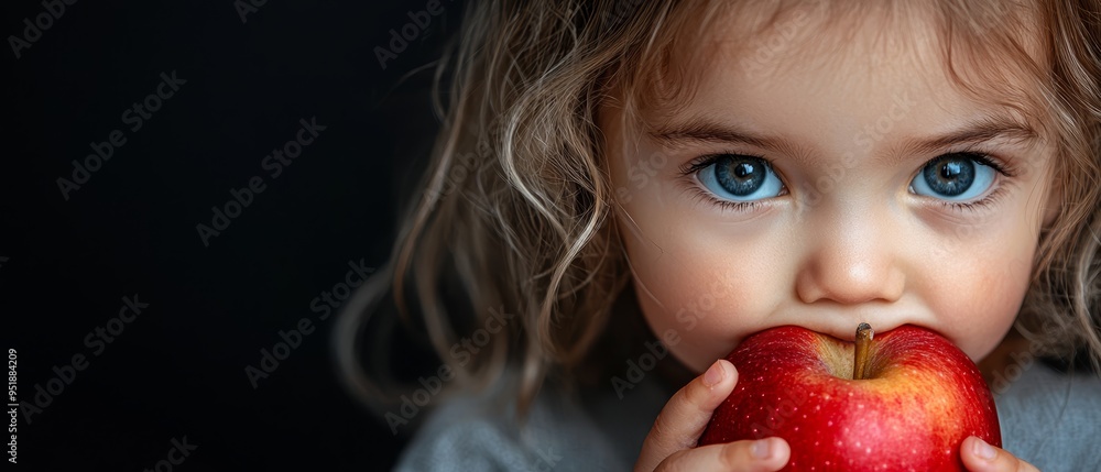 A child, with an apple tightly gripped in front of her face, gazes intently at the camera Her expression is serious A child, with an apple tightly gripped in front of her face, gazes intently at the camera Her expression is serious