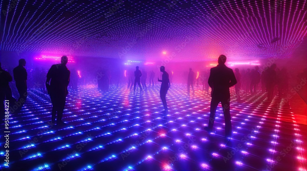Fototapeta premium A group of silhouetted individuals stand and move around in a dimly lit, atmospheric room. The floor and ceiling are adorned with vibrant LED lights, creating a mesmerizing pattern of blue and purple 