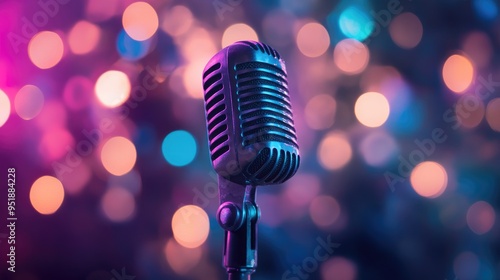 Close-up of a vintage microphone on a stand against a blurry background of colorful lights.