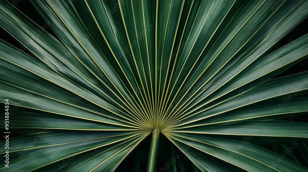 Fototapeta premium A vibrant close-up of a palm leaf. Nature's geometry on display a mesmerizing pattern of lines and curves, inviting contemplation and wonder. Used for product assembly and product display.