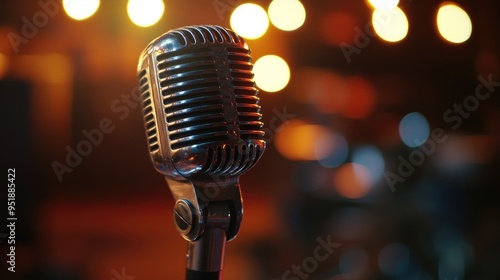 Close-up of a vintage microphone with a blurred background of warm lights.