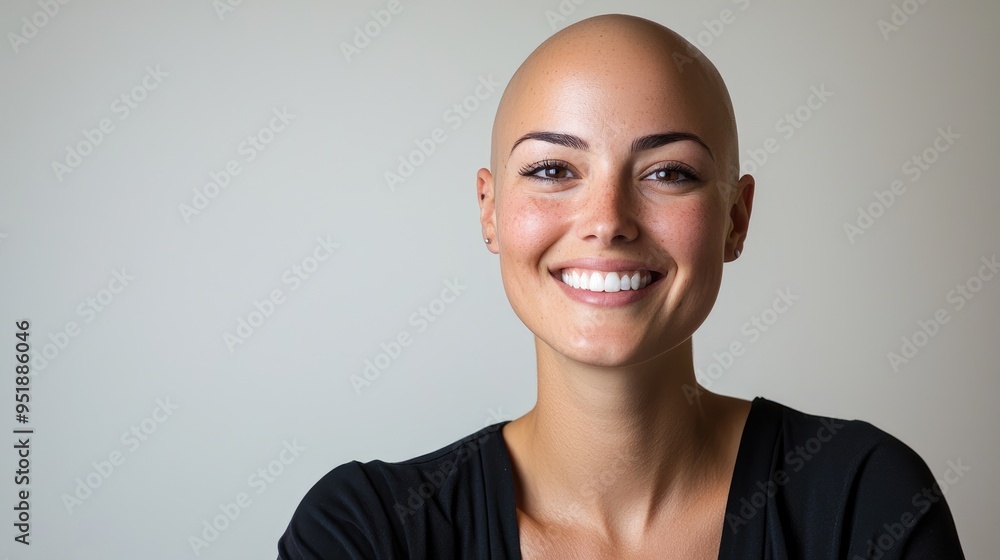 Smiling Bald Female Cancer Patient in Close-Up Portrait Smiling Bald Female Cancer Patient in Close-Up Portrait