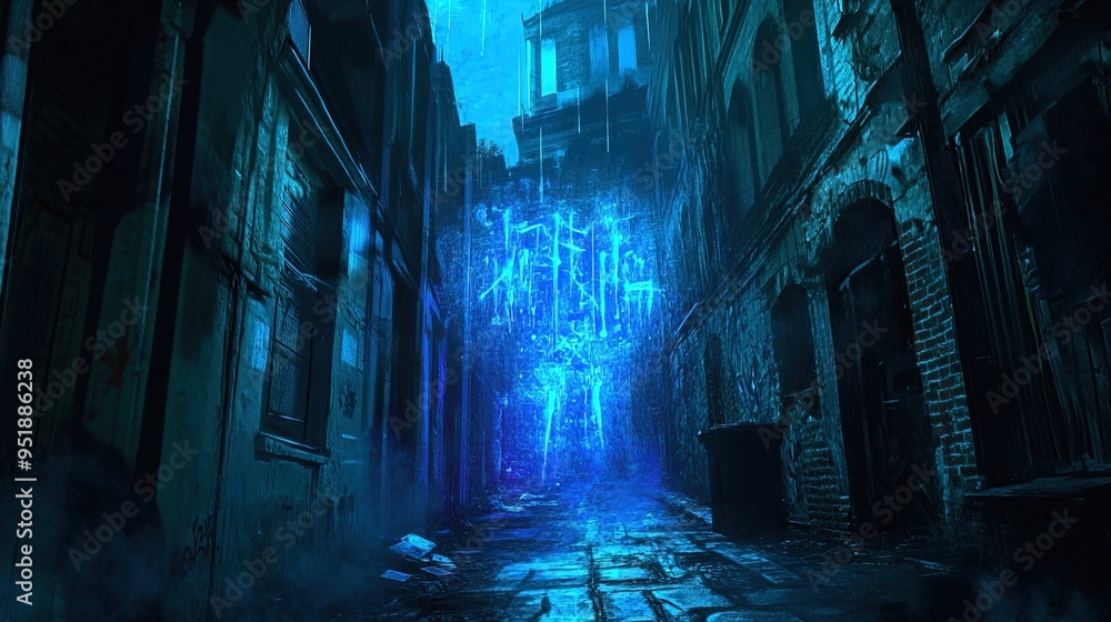 An alleyway set in a dark, urban environment, illuminated by ethereal blue light. The walls of the buildings are worn and covered in graffiti, with textures that convey decay and neglect. The ground i An alleyway set in a dark, urban environment, illuminated by ethereal blue light. The walls of the buildings are worn and covered in graffiti, with textures that convey decay and neglect. The ground i