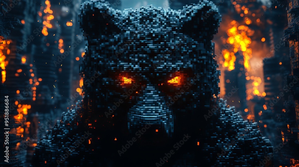 Obraz premium A fierce bear made of pixels stands against a backdrop of flames at night