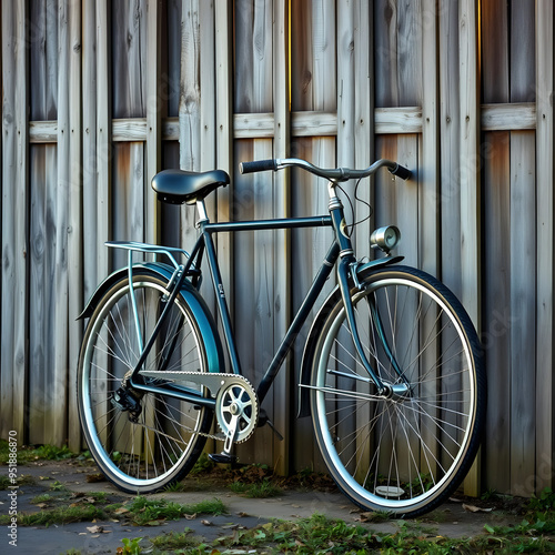 Vintage bicycle resting against a rustic wooden fence on a sunny day