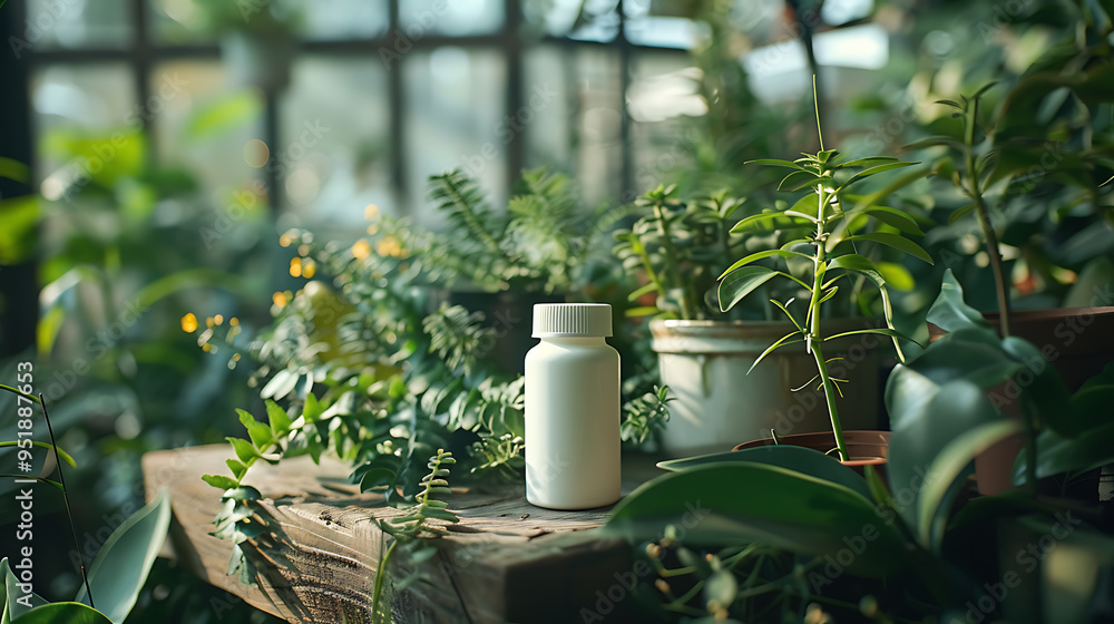 A white pill bottle sits on a wooden table surrounded by lush green plants in a greenhouse. A white pill bottle sits on a wooden table surrounded by lush green plants in a greenhouse.