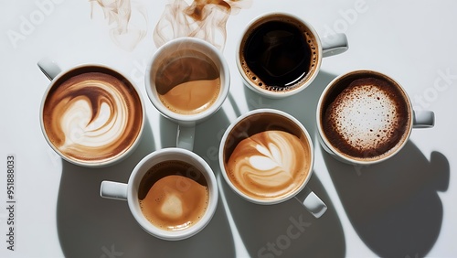 Set of cups with assorted coffee drinks on white background