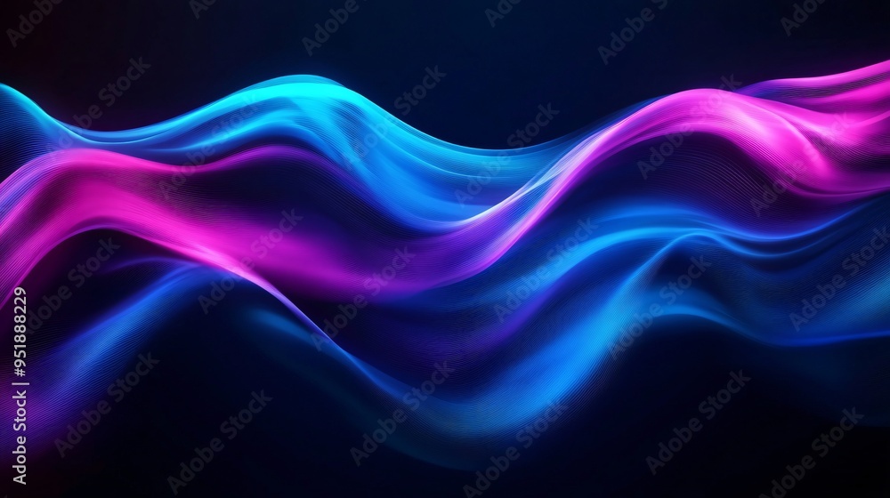 Fototapeta premium Abstract neon light waves creating a dynamic and fluid backdrop with a deep blue and purple color scheme