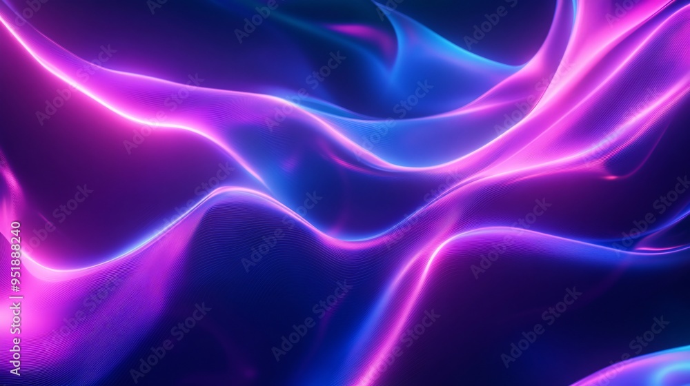 Obraz premium Abstract neon light waves creating a dynamic and fluid backdrop with a deep blue and purple color scheme