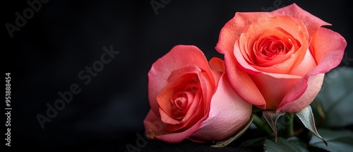  Two pink roses sit side by side on a black surface A green, leafy plant occupies the foreground