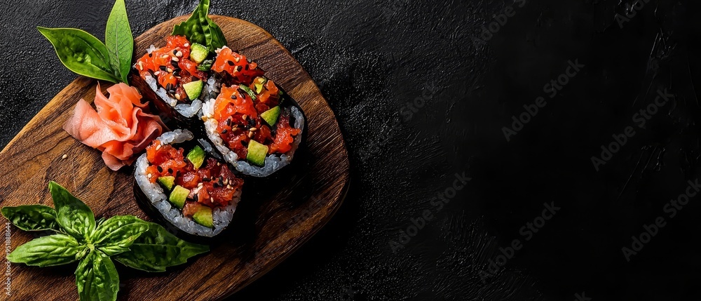 A wooden cutting board holds a wooden plate topped with sushi Nearby, a leafy green garnish completes the scene A wooden cutting board holds a wooden plate topped with sushi Nearby, a leafy green garnish completes the scene