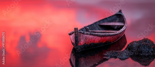  A red-skied backdrop conceals a boat peacefully bobbing atop the water's surface, while a foreground rock adds texture and grounding photo