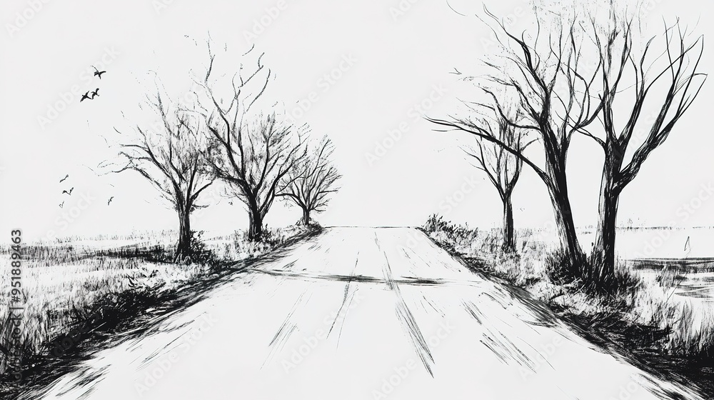 Obraz premium Hand-painted landscape illustrations with black and white lines,generated with AI. 