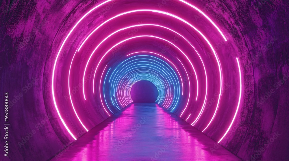 Neon-lit tunnel with glowing concentric circles leading into the unknown Neon-lit tunnel with glowing concentric circles leading into the unknown