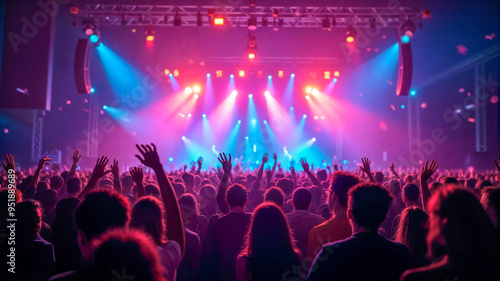 Wallpaper Mural Audience members raise their hands in excitement as bright lights illuminate the stage during a live concert, creating an electric atmosphere filled with energy and joy. Torontodigital.ca