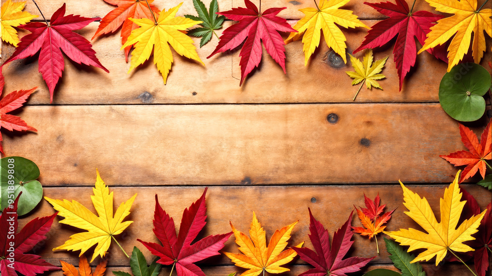 Colorful maple leaves in rich autumn tones of red, orange, and yellow are artfully arranged on a wooden surface, capturing the essence of the season's beauty. Colorful maple leaves in rich autumn tones of red, orange, and yellow are artfully arranged on a wooden surface, capturing the essence of the season's beauty.