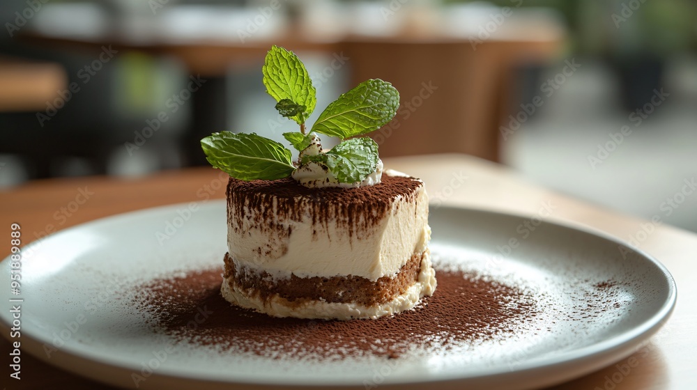 Tiramisu garnished with a sprig of mint, set against a contemporary, minimalist backdrop with soft natural light Tiramisu garnished with a sprig of mint, set against a contemporary, minimalist backdrop with soft natural light