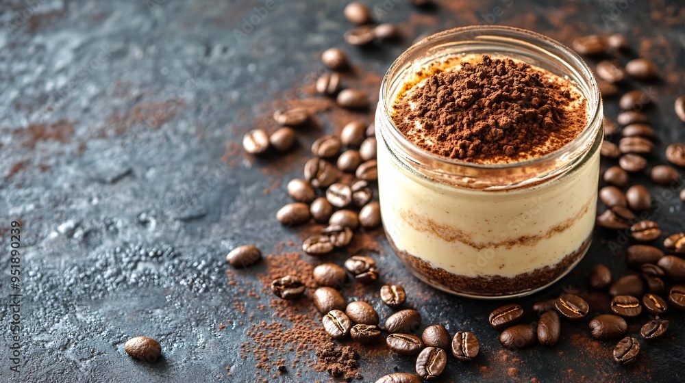 Tiramisu in a glass jar, surrounded by coffee beans on a dark, textured background Tiramisu in a glass jar, surrounded by coffee beans on a dark, textured background
