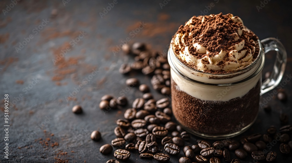 Tiramisu in a glass jar, surrounded by coffee beans on a dark, textured background Tiramisu in a glass jar, surrounded by coffee beans on a dark, textured background