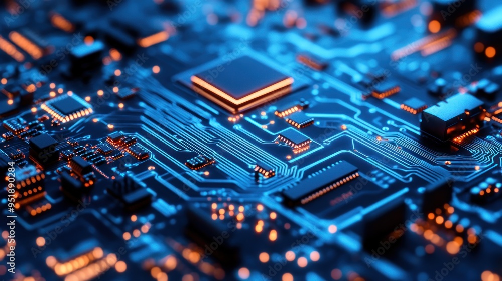 Abstract Circuit Board with Glowing Lines and Components Abstract Circuit Board with Glowing Lines and Components