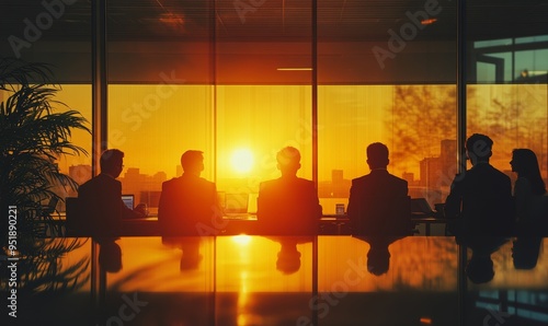 Silhouettes of people against the window. A team of young businessman working and communicating together in an office. Corporate business team and manager in a, Generative AI