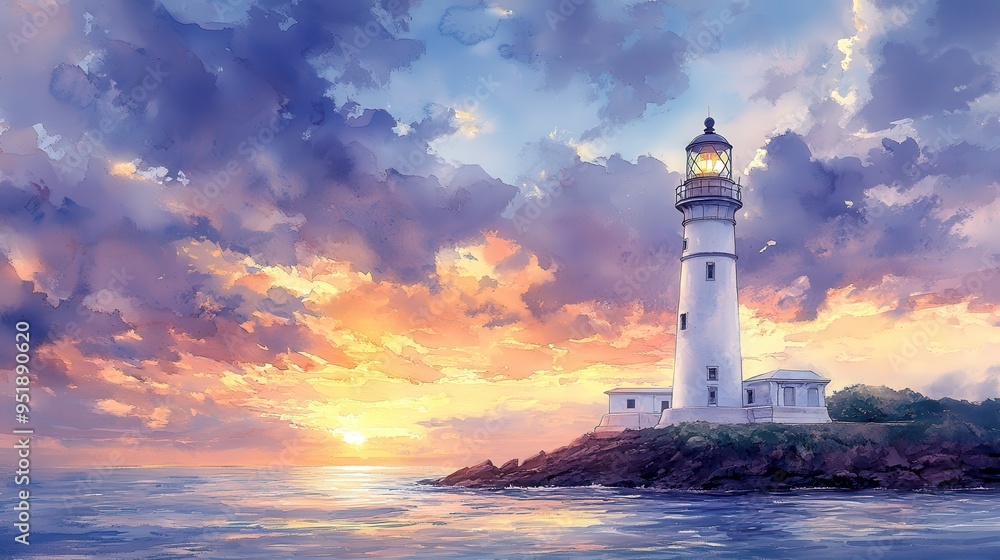 Lighthouse on a Rocky Coast at Sunset, Watercolor Painting Lighthouse on a Rocky Coast at Sunset, Watercolor Painting