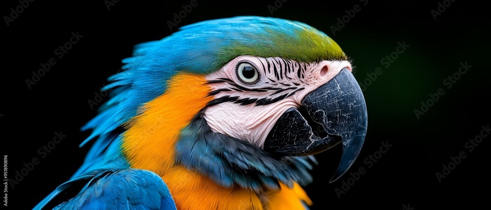 A tight shot of a blue-and-yellow parrot against a black background Black background surrounds the bird from behind A tight shot of a blue-and-yellow parrot against a black background Black background surrounds the bird from behind
