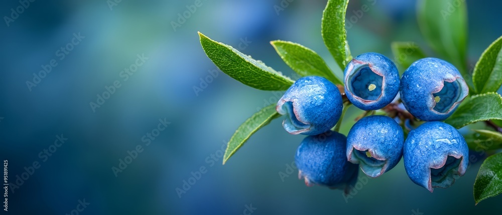 A group of plump blue berries resting atop a verdant leafy branch against a softly blurred backdrop A group of plump blue berries resting atop a verdant leafy branch against a softly blurred backdrop
