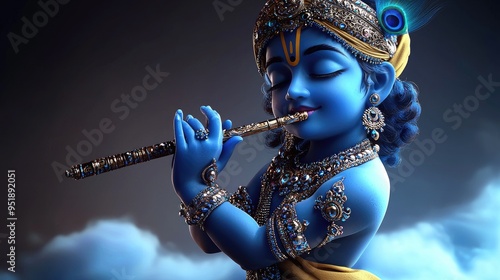 Lord Krishna with Peacock Feather and Flute, Divine Serenity photo