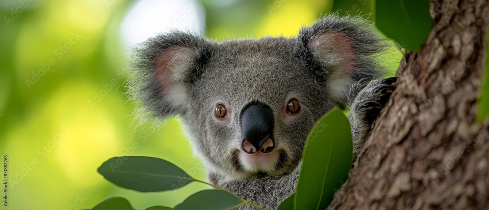 A tight shot of a koala in a tree, gazing directly at the camera with an expression of astonishment A tight shot of a koala in a tree, gazing directly at the camera with an expression of astonishment