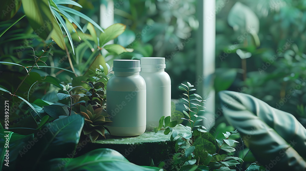 Two white bottles sit on a mossy stump surrounded by lush green plants. Two white bottles sit on a mossy stump surrounded by lush green plants.