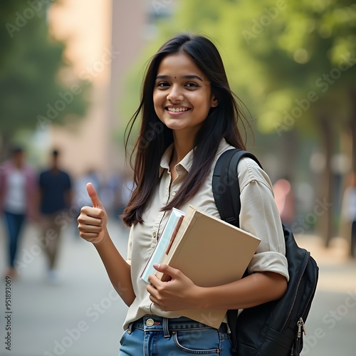 happy young indian student showing thumb up. Indian college girl student smiling and showing thumps up