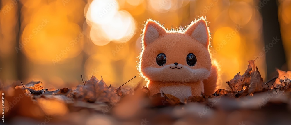 A tiny toy animal rests atop a mound of leaves, adjacent to a forest teeming with numerous trees A tiny toy animal rests atop a mound of leaves, adjacent to a forest teeming with numerous trees