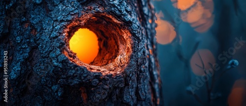  A tree's bark opening to expose a vibrant orange interior light photo