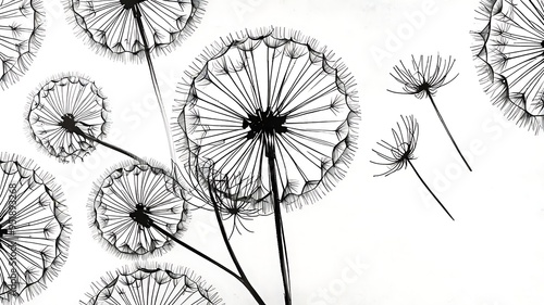 Black and white line drawing of dandelions, perfect for naturethemed designs, artwork, books, and botanical illustrations. photo