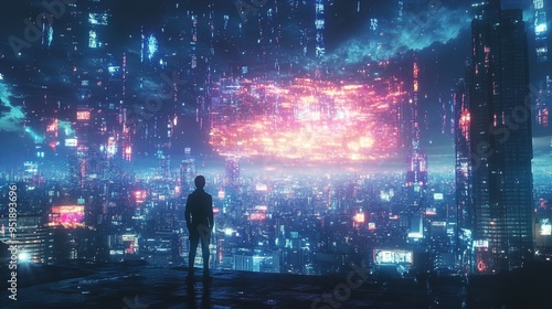 A solitary figure stands on a rooftop overlooking a futuristic cityscape drenched in neon lights. Towering buildings stretch into the sky, glowing with blue and pink hues. The scene feels surreal and 