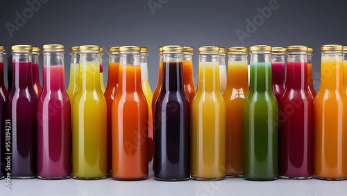 Row of glass bottles with multicolored juice isolated on grey