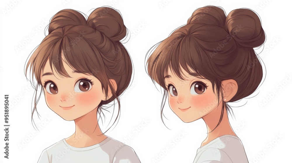Cute Anime Girl with Brown Hair in Two Buns. Cute Anime Girl with Brown Hair in Two Buns.