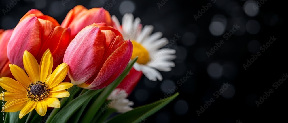 A vase holds red, yellow, and white flowers with green stems White and yellow blooms are positioned against a black backdrop A vase holds red, yellow, and white flowers with green stems White and yellow blooms are positioned against a black backdrop