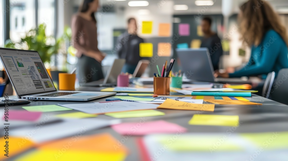 A vibrant office workspace filled with laptops, stationery, and colorful notes, promoting creativity and collaboration. A vibrant office workspace filled with laptops, stationery, and colorful notes, promoting creativity and collaboration.