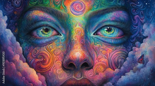 Vibrant cosmic painting of a face surrounded by colorful swirling patterns