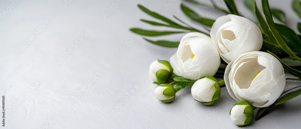 A white flower arrangement sits atop a pristine white countertop, surrounded by a lush green leafy plant Both rest on the immaculate white surface A white flower arrangement sits atop a pristine white countertop, surrounded by a lush green leafy plant Both rest on the immaculate white surface