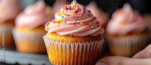  A hand holds a pink-frosted cupcake adorned with sprinkles