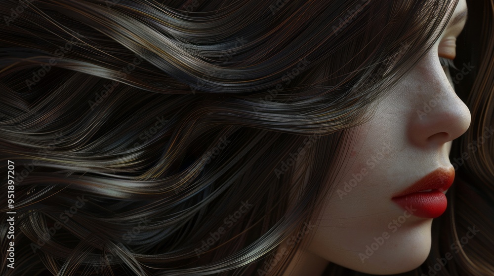 A woman with long dark hair and red lips A woman with long dark hair and red lips