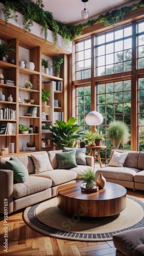 A cozy, modern living room is filled with natural light streaming through large glass doors.