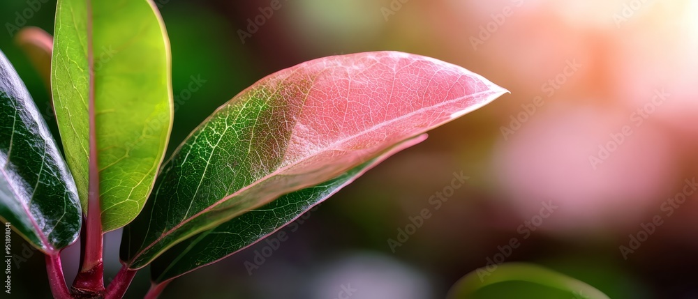 A tight shot of a pink-green plant with indistinct backdrop of trees and bushes A tight shot of a pink-green plant with indistinct backdrop of trees and bushes